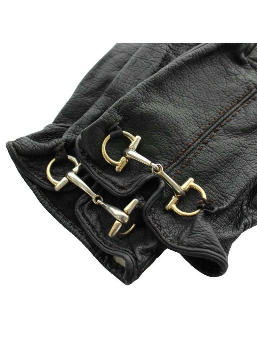 Gucci Gloves 5 Fingers Leather Horsebit Gold Black - Picture 5 of 6